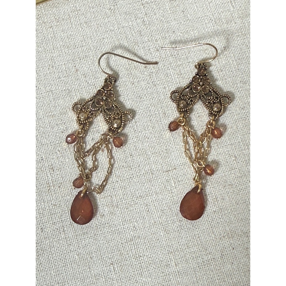 Boho Gold Tone Amber Rhinestone Chandelier Drop Earrings with Beaded Chainsâ